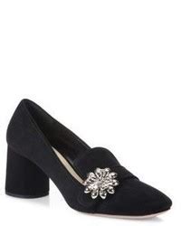 prada flower embellished suede block heel loafer pumps|pumps for prada shoes.